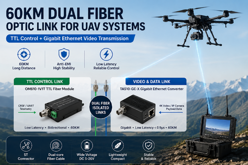 آخرین مورد شرکت 60 کیلومتر لینک دو فایبر نوری برای سیستم های UAV: کنترل TTL + انتقال ویدئویی گیگابیت اترنت