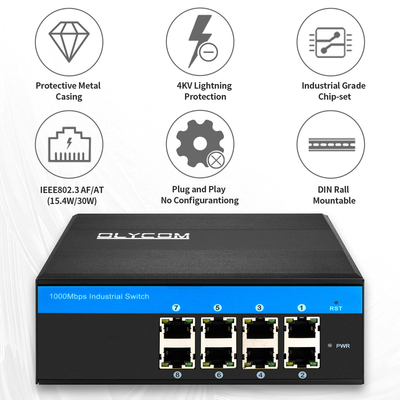 تبدیل کننده رسانه PoE غیر مدیریت شده صنعتی گیگابیت 8 پورت 120W 240W خروجی DC48V