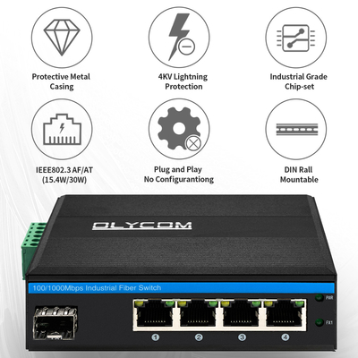 سوئیچ PoE SFP با 5 پورت، گیگابیتی، شبکه PoE/PoE+، بودجه 120 وات، DC48V، بدون فن، دارای گواهینامه CE و FCC
