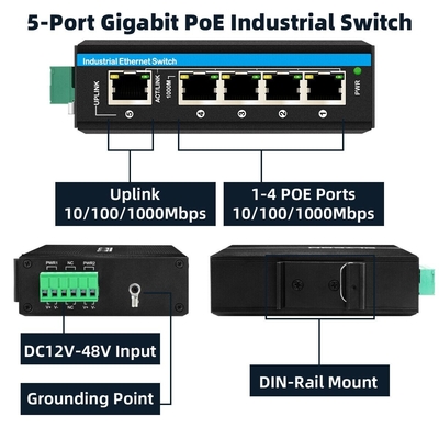 5 پورت تقویت کننده ولتاژ گیگابیت 12-48VDC ورودی سوئیچ شبکه صنعتی POE