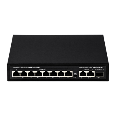 120 وات سوئیچ POE غیر مدیریت شده 8 PoE 10/100/1000Mbps + 2 LAN 10/100/1000Mbps + 1SFP 100/1000M