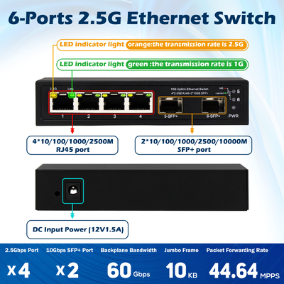 6 پورت 10g سوئیچ فیبر اترنت 4* 2.5G RJ45 + 2* 10G SFP+ پشتیبانی OEM / ODM