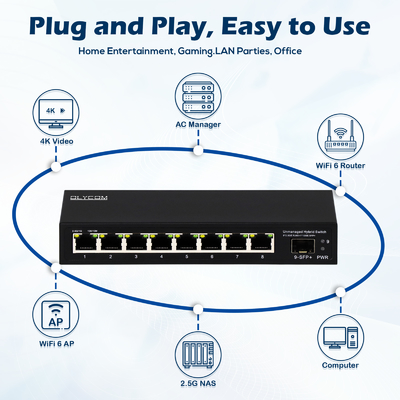 9 پورت غیر مدیریت شده 2.5G Ethernet Switch با 10G Uplink SFP Port 60Gbps پهنای باند پس زمینه