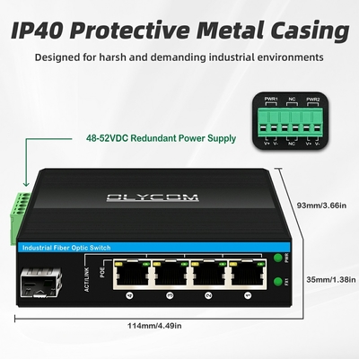 5 پورت گیگابیت سوئیچ پو بیرونی سوئیچ فیبر صنعتی کوچک IP40 Din Rail
