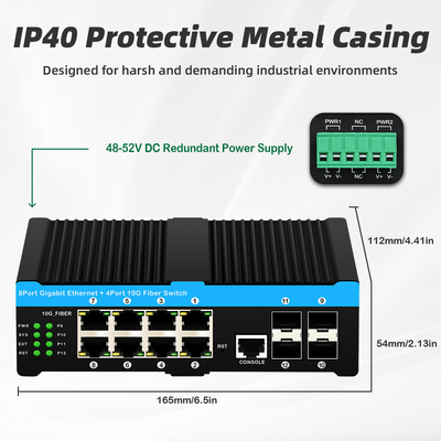 12 پورت 10G L2/L3 Managed Poe+ Switch 4*10G Sfp پورت های DC48V Dual Power Input 10g Poe Switch