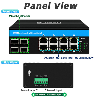 سوئیچ 8 پورت گیگابیت POE سوئیچ اترنت صنعتی 4SFP+8RJ45 DC48V ورودی دوگانه قدرت