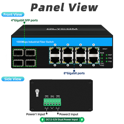 12 پورت سوئیچ صنعتی اترنت Din سوئیچ شبکه 4SFP+8RJ45 DC12-52V دو منبع برق