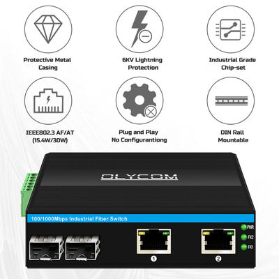 سوئیچ صنعتی POE با ۲ پورت SFP + ۲ پورت RJ45، محافظت در برابر نوسان ۶ کیلو ولت و ورودی برق DC48V برای استفاده در فضای باز