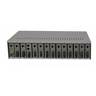 14 اسلات رسانه تبدیل ریک شاسی 19 اینچ 2U دو AC220V برای فیبر رسانه تبدیل